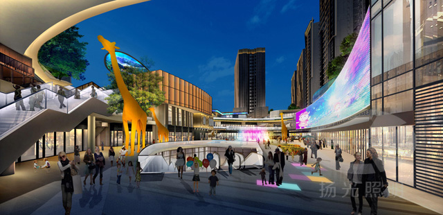 童夢廣場建筑夜景照明設計連廊效果圖